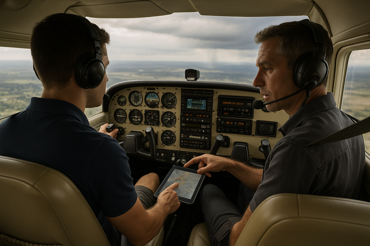 Pilot reviewing a flight risk decision with a 3P model diagram over a general aviation cockpit view