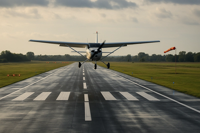 Small aircraft on final approach to a runway at a regional airport with visible runway lighting and surrounding terrain, illustrating airport operations for landing.