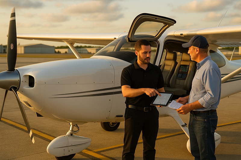 Flight instructor and pilot reviewing an advanced flight training plan beside a general aviation aircraft