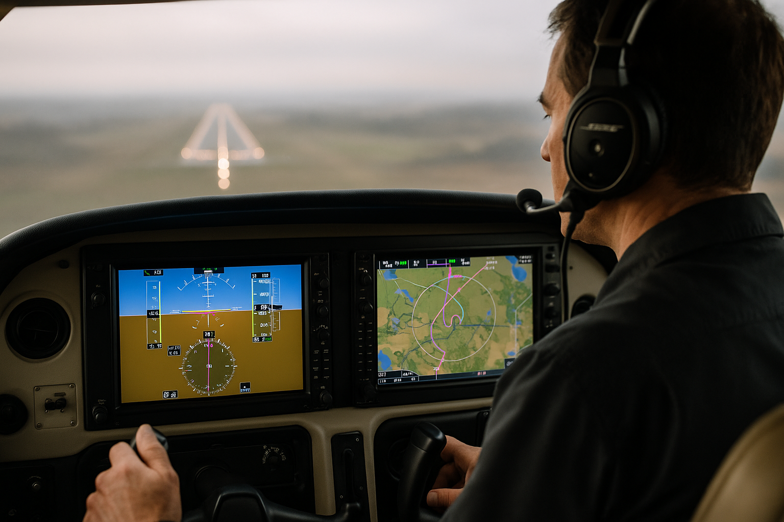 Cockpit view during an RNAV LPV approach with instruments, flight director, and runway alignment visible under instrument meteorological conditions