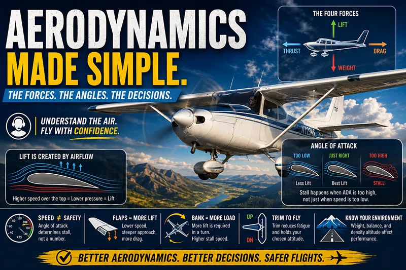 Diagram of an airplane wing showing lift, angle of attack, and airflow to explain basic aerodynamics for student pilots during training flights