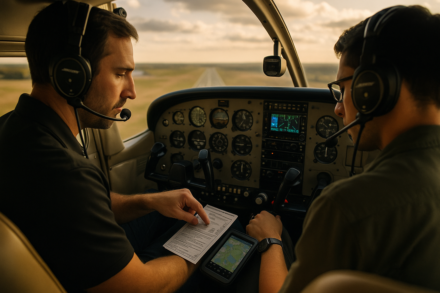 Pilot scanning instruments in a cockpit during day VFR with outside airport visible, illustrating pilot decision making and human factors awareness in flight