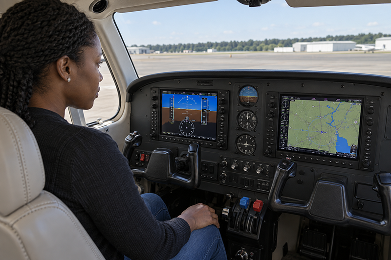 Featured illustration for AHRS, ADC, and Magnetometers in Glass Cockpits, showing a realistic aviation systems scenario