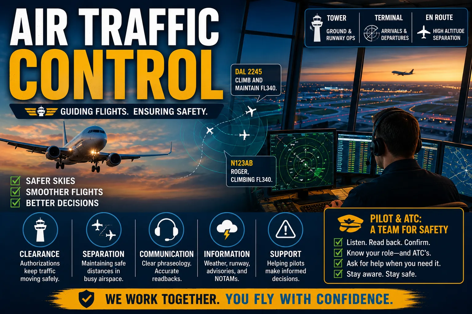 Air traffic control tower and radar displays coordinating aircraft arrivals and departures at a busy terminal airport during daylight operations