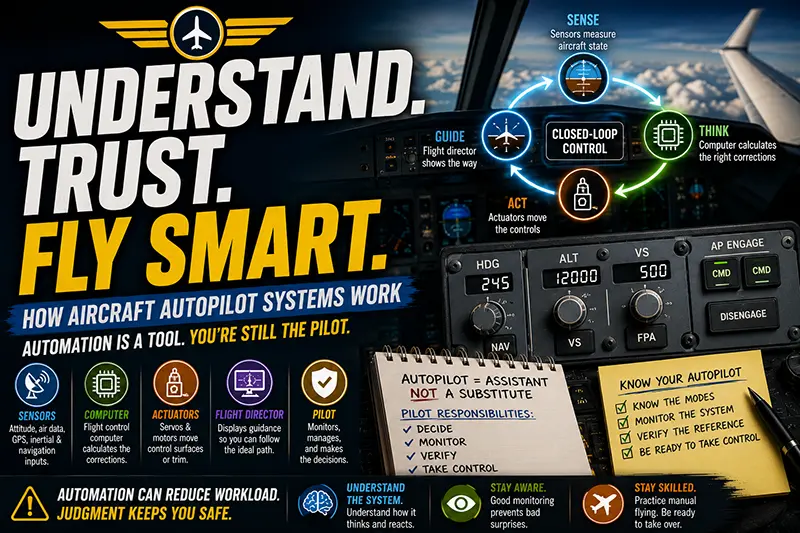 Cockpit view of an autopilot control panel and primary flight instruments during instrument flight, showing flight director cues and navigation displays.