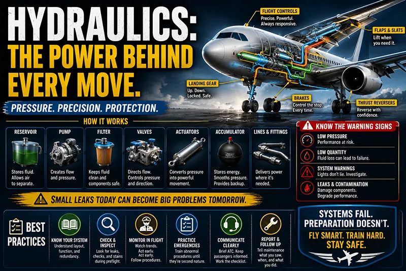 Cutaway view of an aircraft hydraulic system showing reservoir, pump, lines, actuators and landing gear components for pilot reference