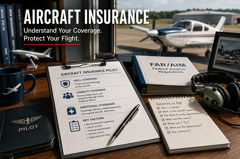 Pilot reviewing aircraft insurance documents beside a general aviation airplane on the ramp