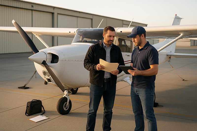 Pilot reviewing aircraft insurance paperwork beside a light general aviation airplane on the ramp