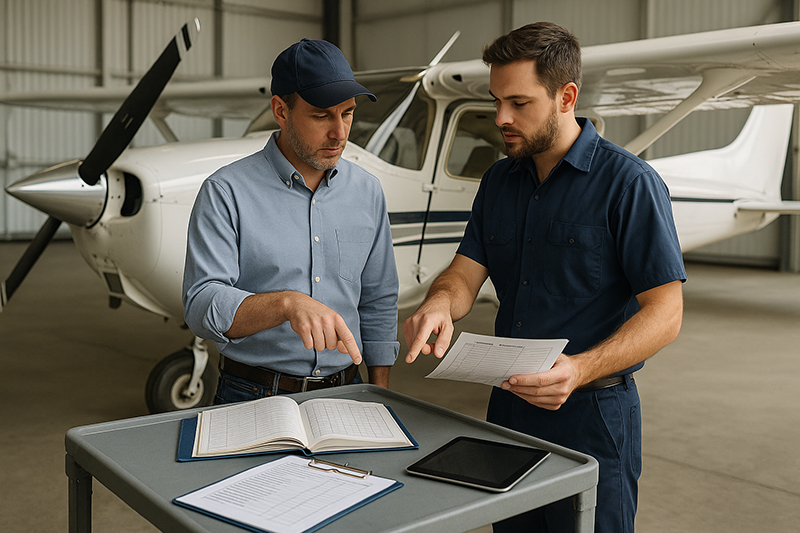 Pilot reviewing aircraft logbooks and maintenance records beside a general aviation airplane in a hangar