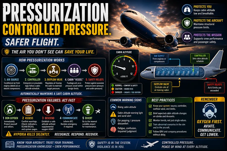 Cutaway diagram of an aircraft cabin pressurization system showing outflow valve, pressurization controller, and conditioned air flow in flight