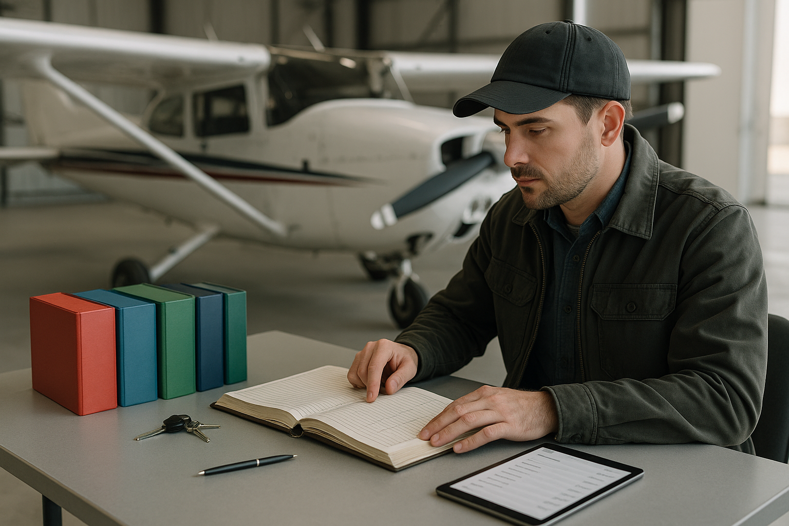 Pilot reviewing organized aircraft maintenance records and logbooks on a hangar workbench