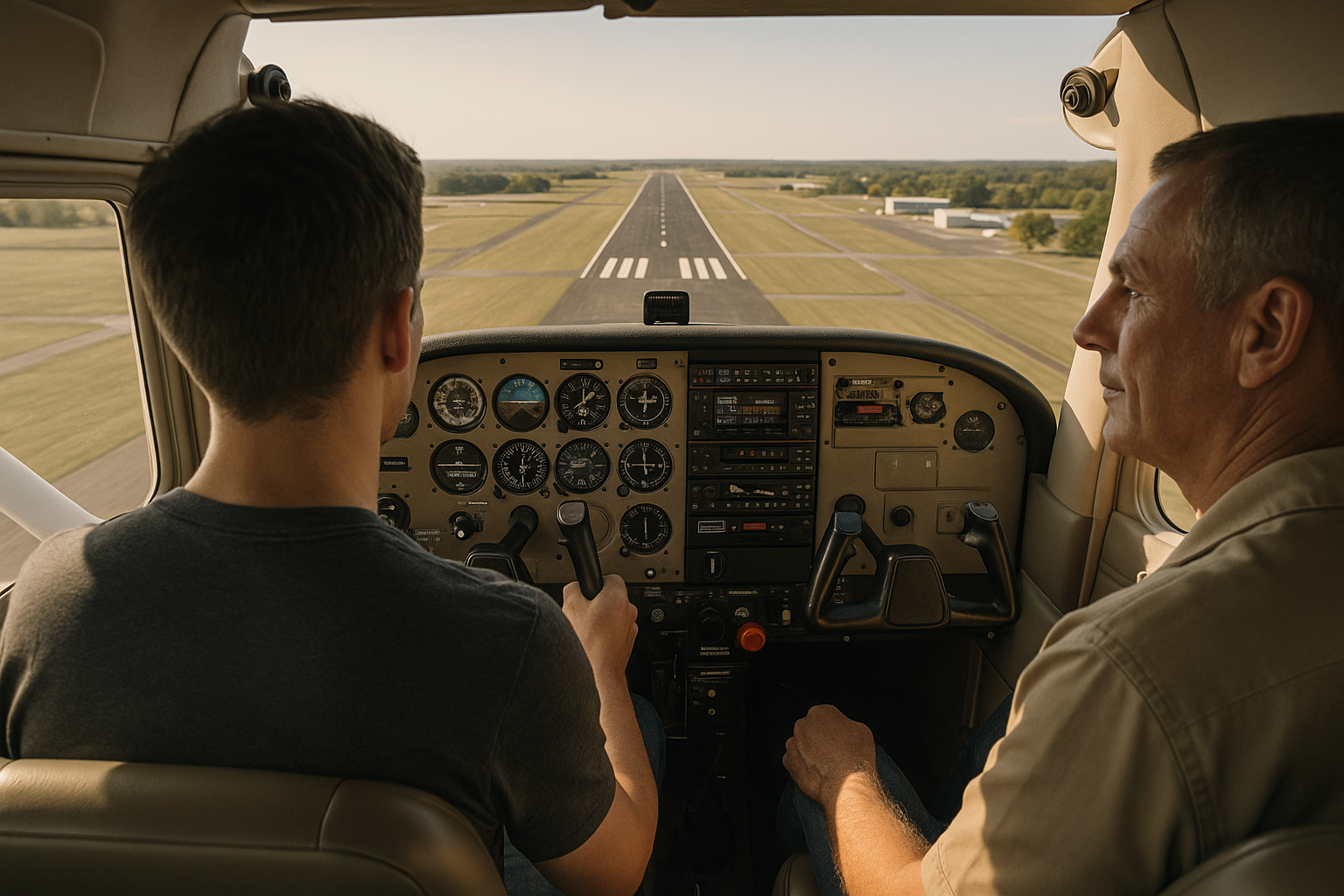 Light single-engine aircraft on final approach with full flaps over runway, showing flight controls and landing configuration context for training