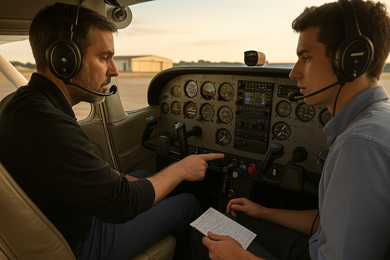 Flight instructor explaining aircraft systems knowledge with cockpit instruments and checklist visible