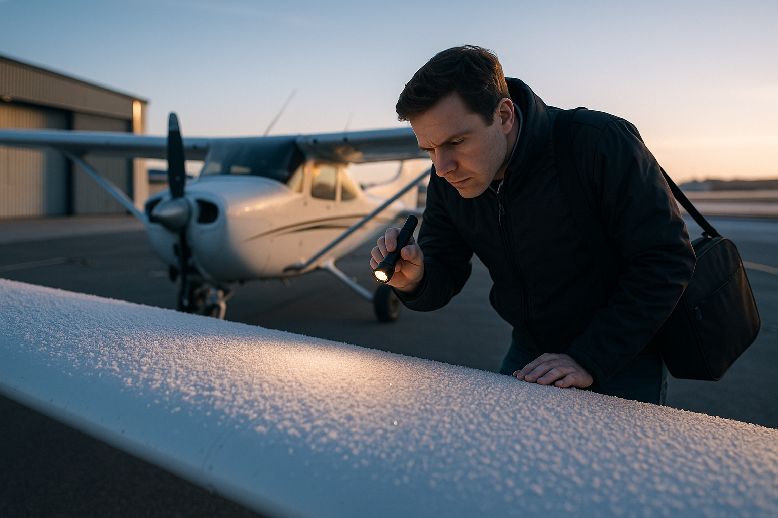 Pilot inspecting frost on a light aircraft wing during a cold morning preflight before takeoff