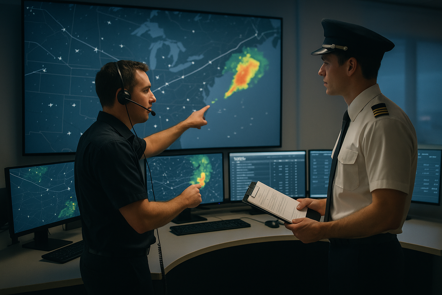 Airline operations control room with dispatchers monitoring multiple flight tracks and weather displays, coordinating with flight crews during operations