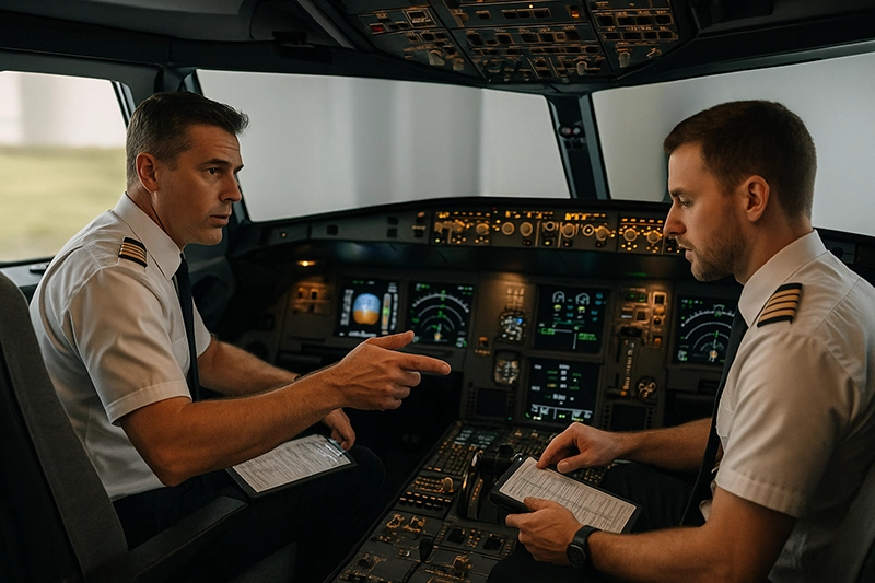 Airline simulator session showing two pilots and an instructor assessing pilot performance during a recurrent training scenario in a full flight simulator with cockpit displays visible.