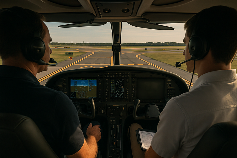 Pilot reviewing an airport diagram with marked hot spots before taxi at a busy training airport