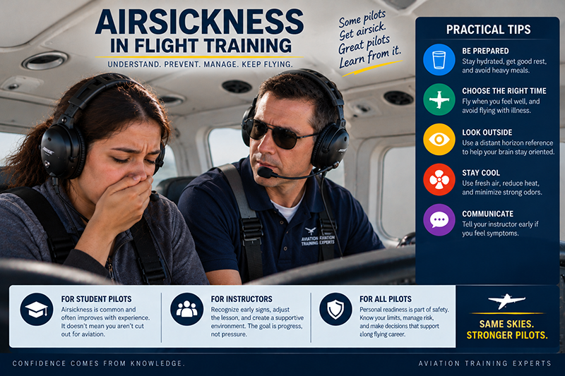 Flight instructor and student pilot in a light training aircraft discussing airsickness prevention before flight