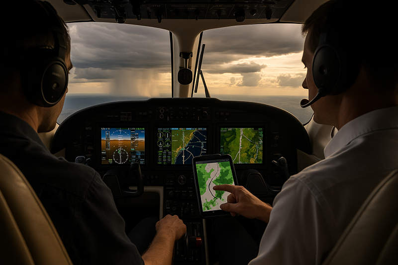 Pilot reviewing alternate planning options on a tablet beside an aircraft cockpit weather display