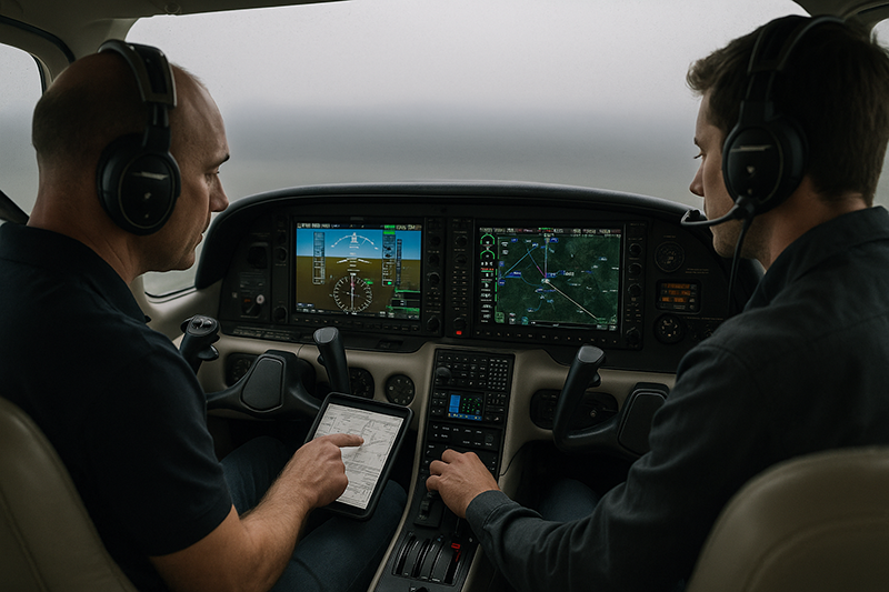 Pilot reviewing an instrument approach briefing on a tablet in a training aircraft cockpit