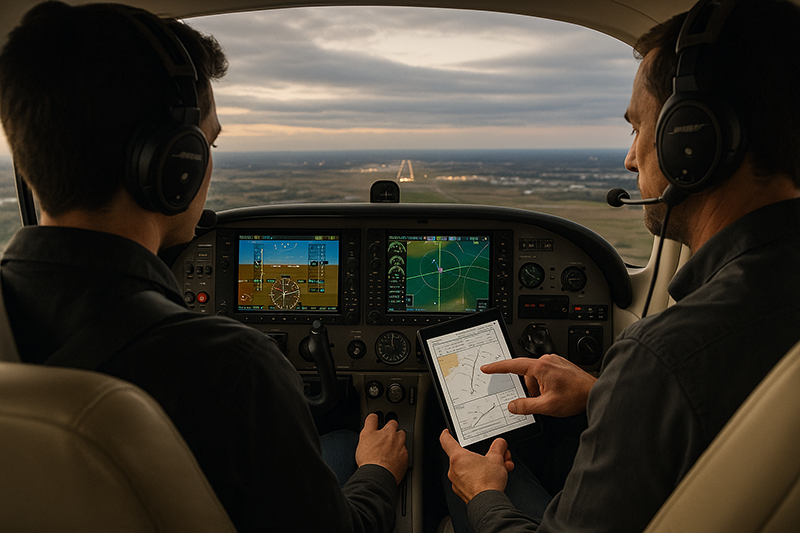 Pilot reviewing an instrument approach briefing on a tablet in a training aircraft cockpit