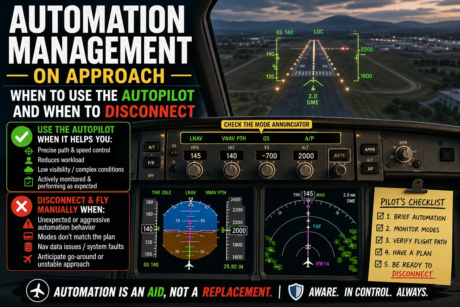 Cockpit view on approach showing flight displays and autopilot mode annunciator