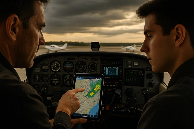 Cockpit tablet showing aviation apps with sectional chart, flight plan, and weather overlay used by a pilot for preflight and en route decisions.