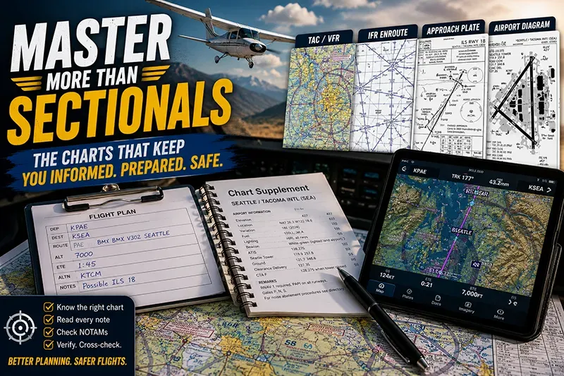 Cockpit view over charts and a tablet showing approach plates and enroute charts used for flight planning and navigation