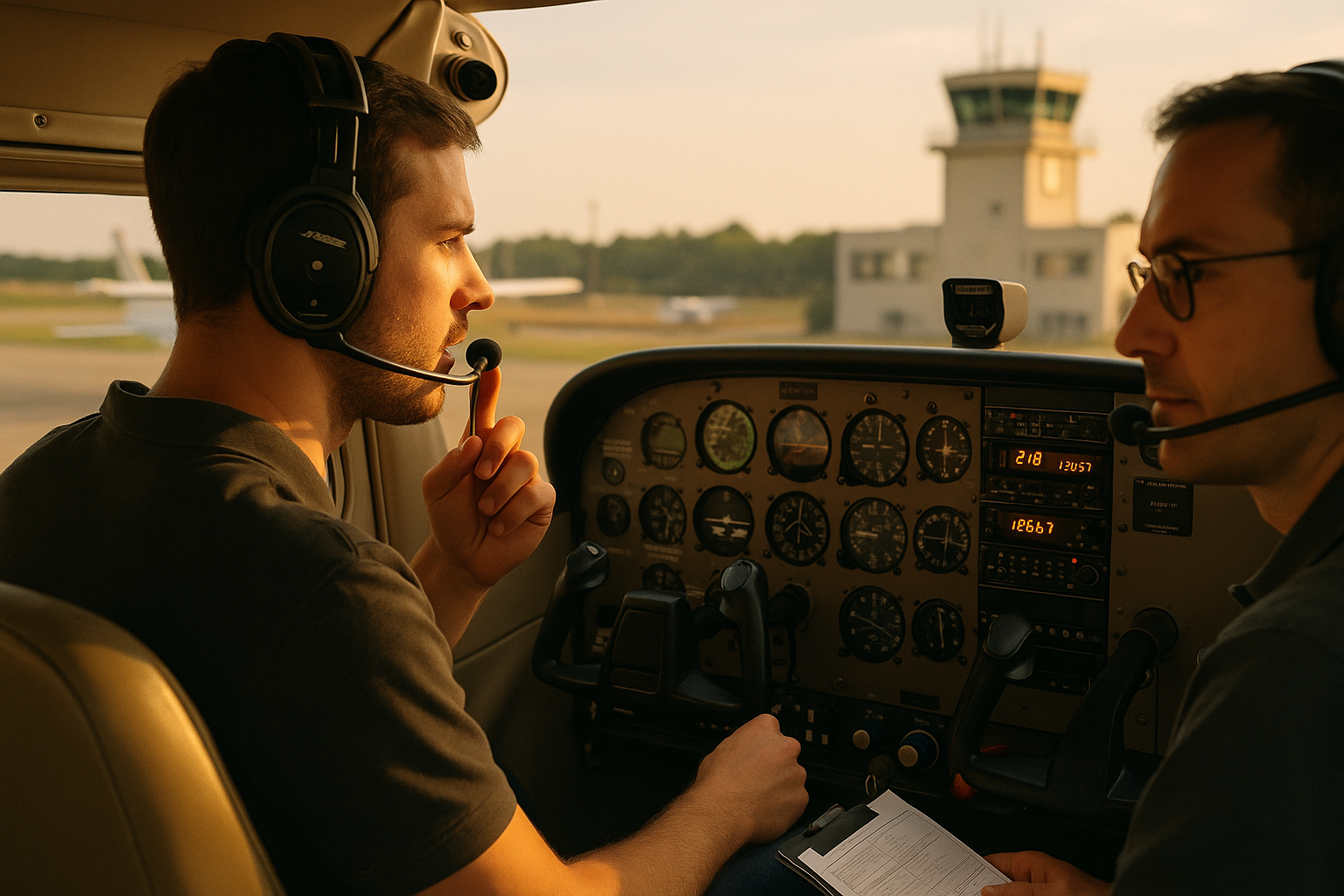 Pilot in headset speaking with air traffic control from a cockpit, with instruments and runway visible, illustrating Aviation English in flight operations.