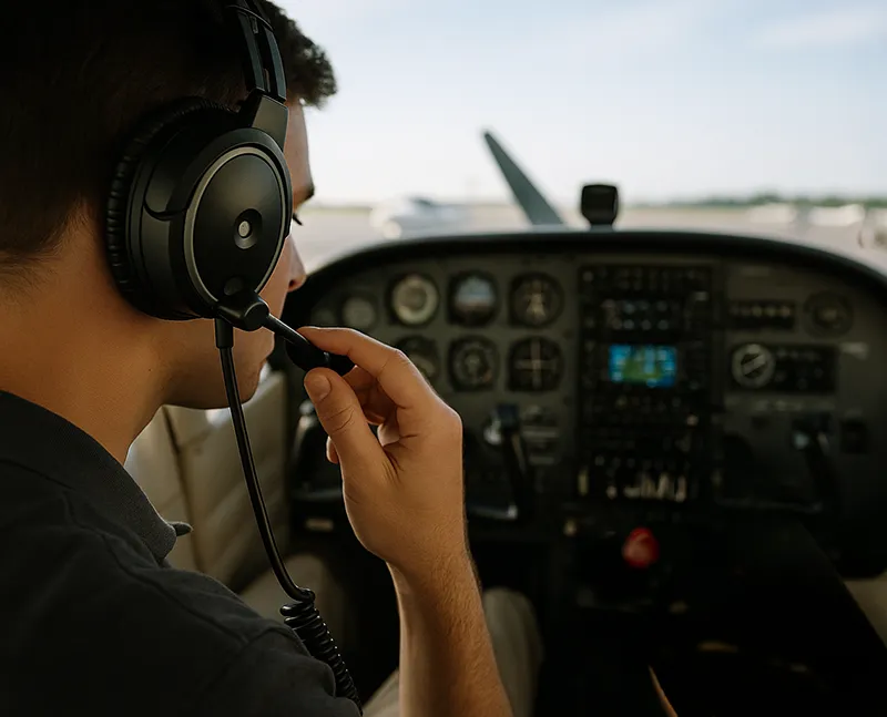 Pilot wearing an over-ear aviation headset in a light aircraft cockpit with clear view of radio panel and runway through windshield