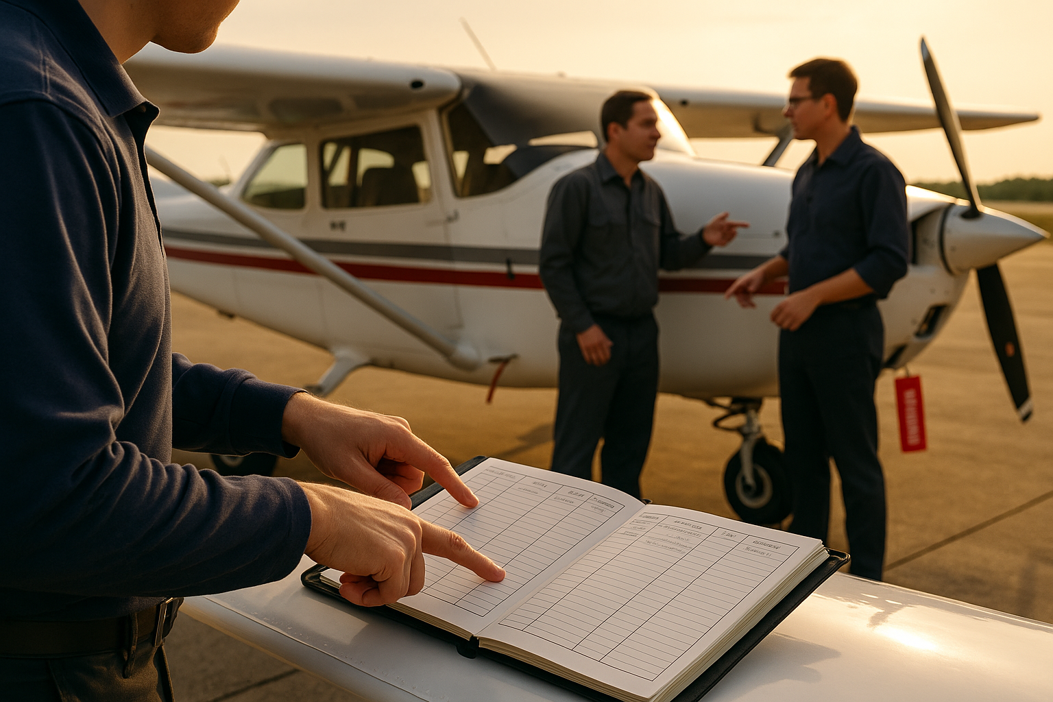 Pilot reviewing aircraft maintenance logbooks on a clipboard beside a parked single-engine training aircraft on a ramp