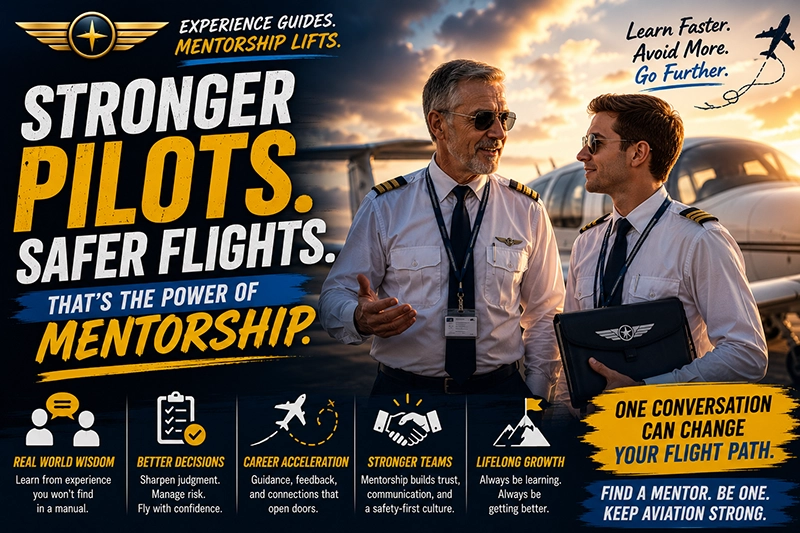 Pilot mentor and mentee reviewing navigation charts and cockpit displays during a preflight briefing in a small aircraft, emphasizing hands-on guidance and flight context.