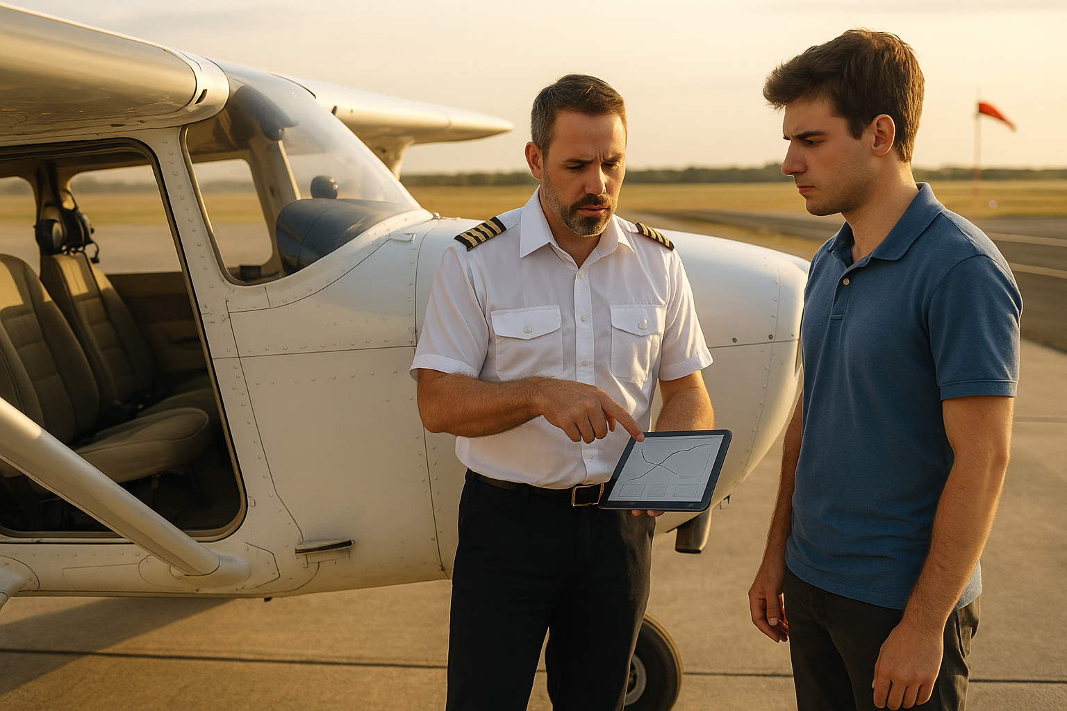 Pilot filling a safety report on a tablet after landing, with an aircraft on the runway and instructors discussing approach techniques