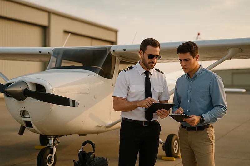 Pilot writing a safety report after landing, aircraft on the ramp at dusk with clear procedural note-taking visible for safety review