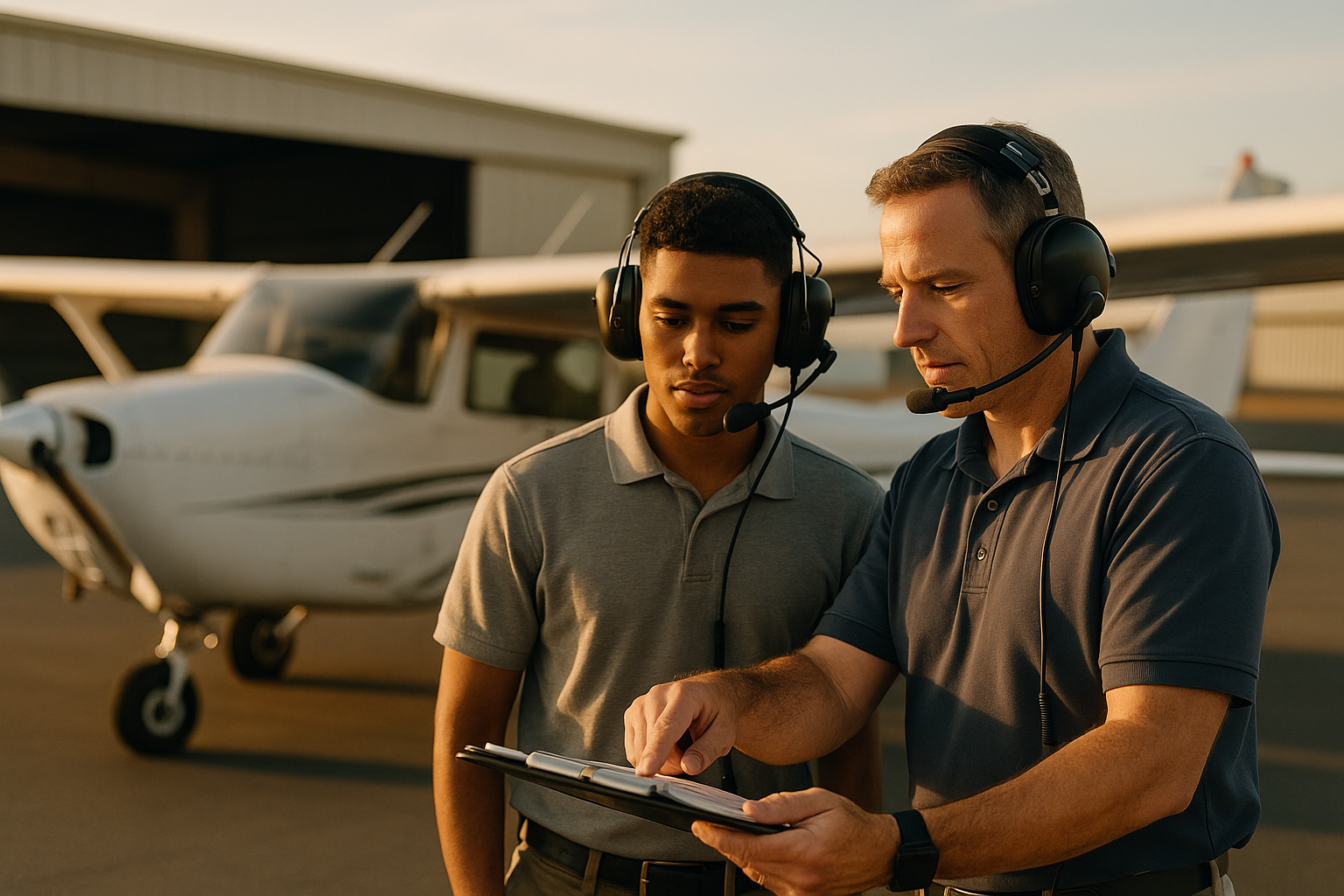 Student pilot at a small airport reviewing a scholarship application beside a training airplane and flight bag