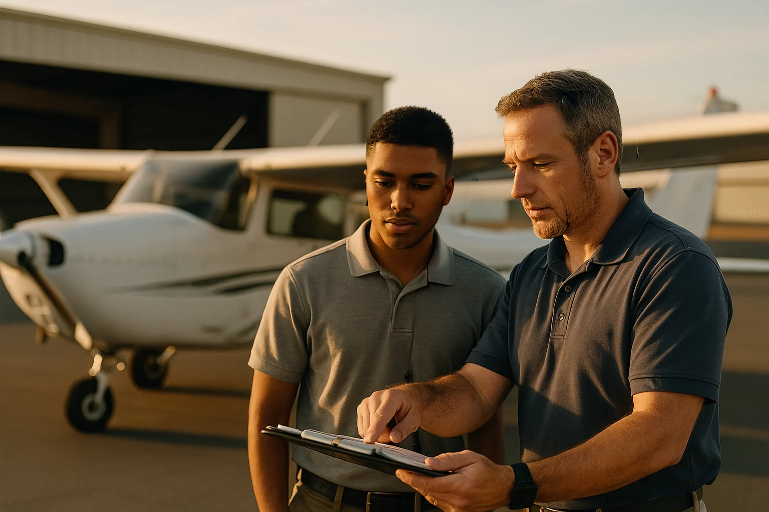 Student pilot at a small airport reviewing a scholarship application beside a training airplane and flight bag