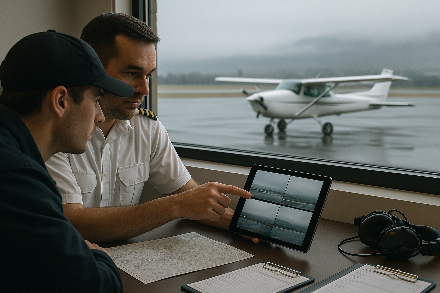 Pilot reviewing aviation weather camera views and airport webcam data during preflight planning
