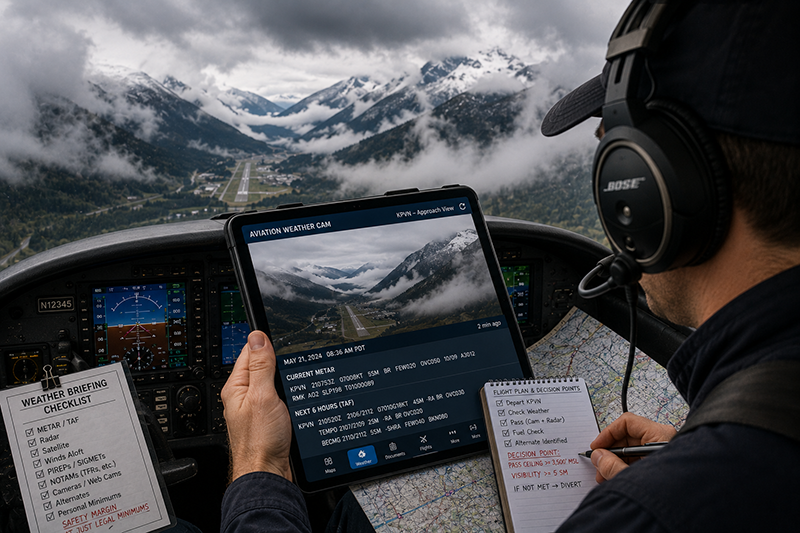Pilot reviewing aviation weather camera views and weather charts during preflight planning