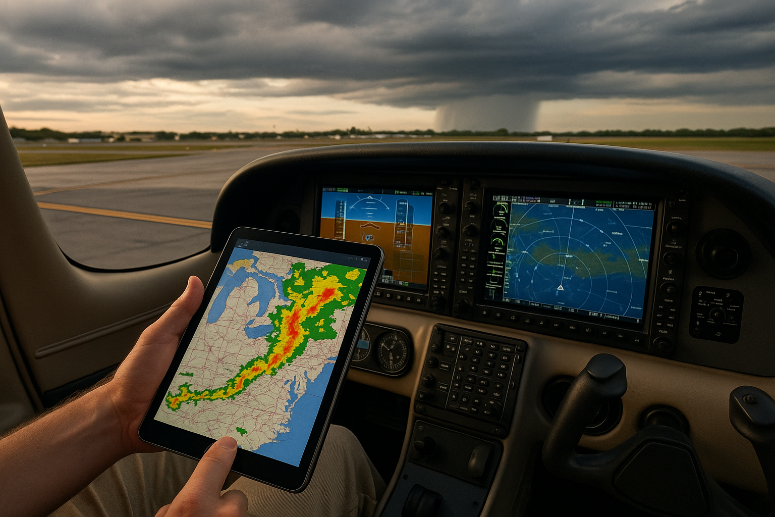 Pilot in cockpit using a tablet weather application with radar, METAR, and lightning overlays while cross-checking instruments before departure