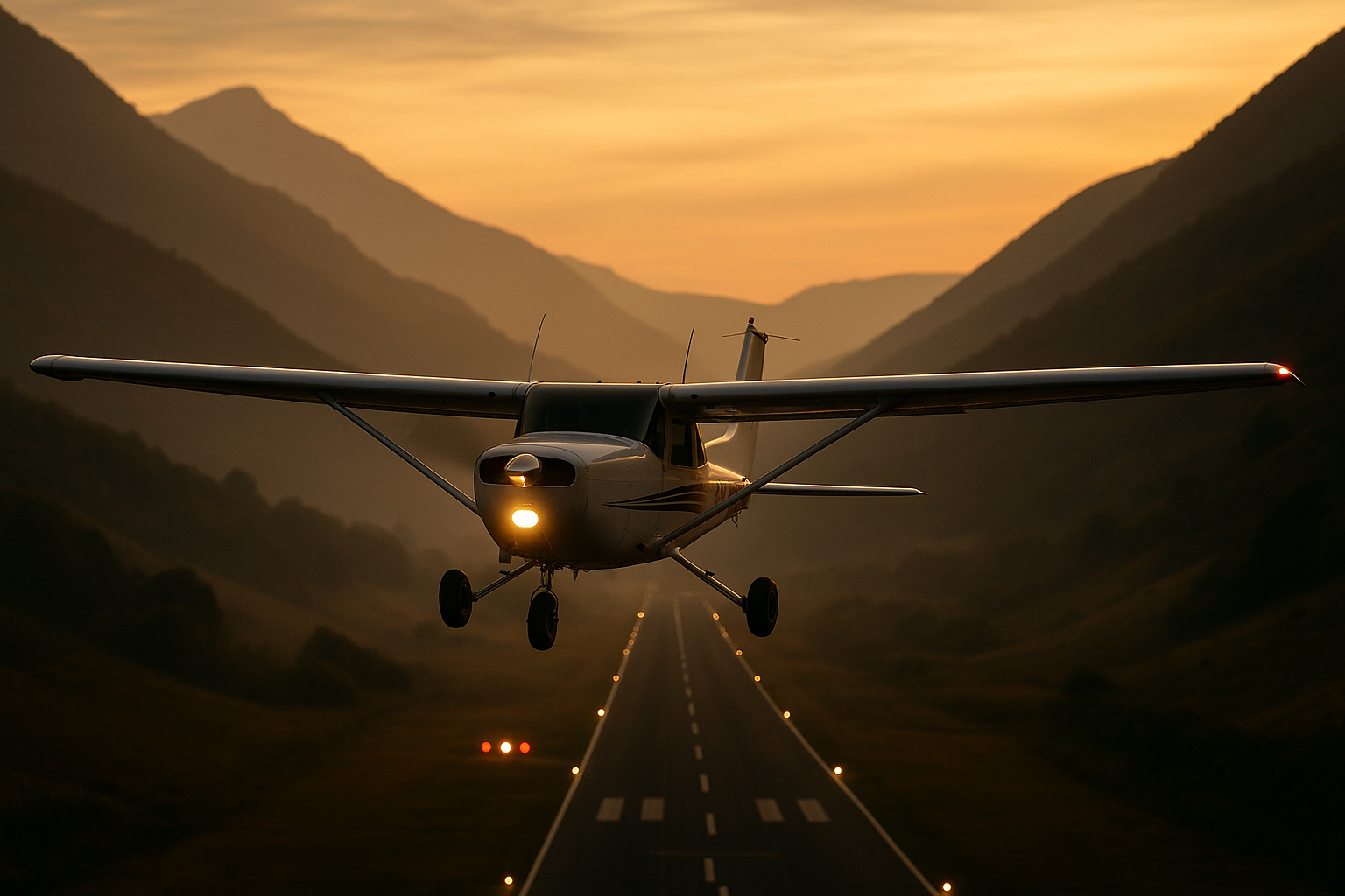 A cockpit view at night showing terrain awareness moving map and approach lights with rising mountains ahead, illustrating CFIT risk and pilot situational awareness.