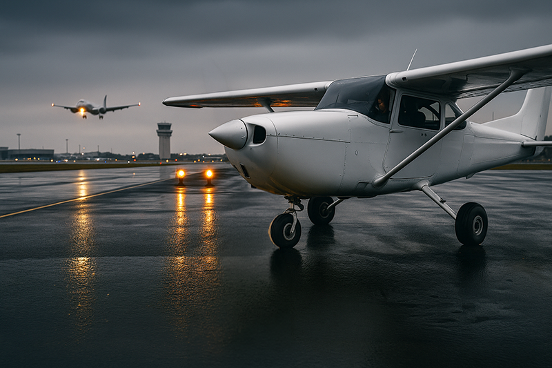 Pilot taxiing at a busy airport while monitoring runway hold short markings and tower communications
