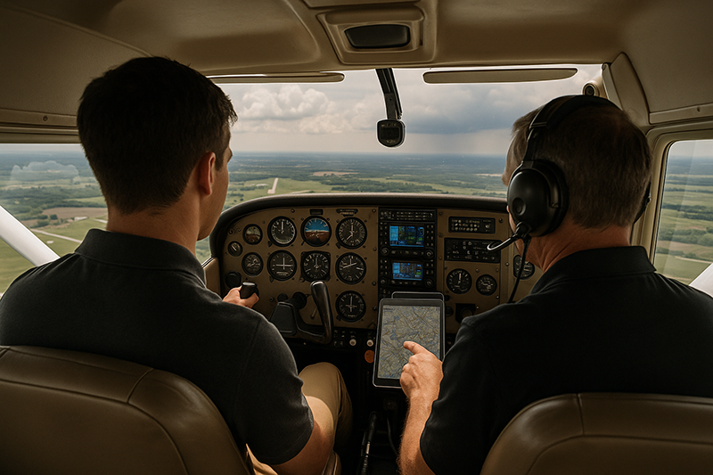Pilot reviewing a sectional chart and tablet while planning diversion airports for a cross-country flight