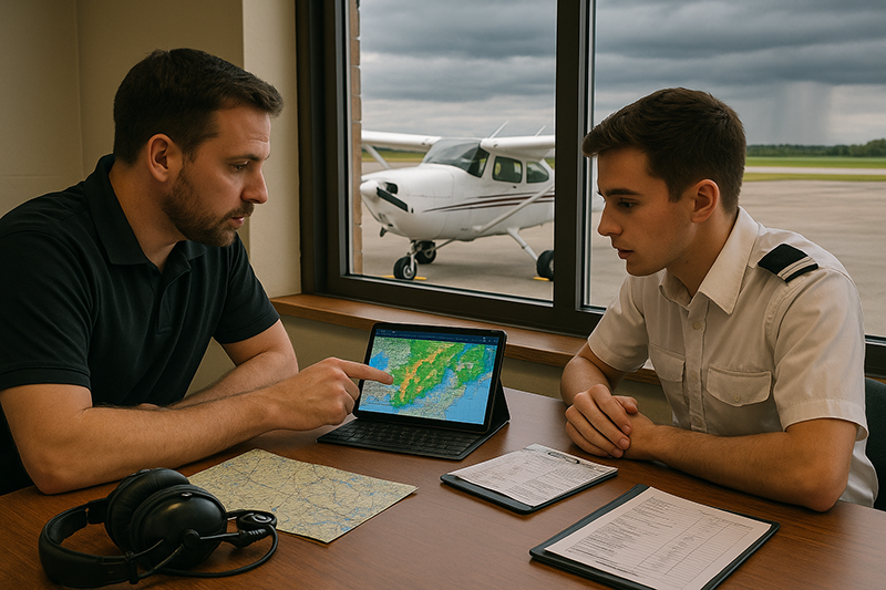 Pilot reviewing aviation weather briefing products on a tablet before a cross-country flight