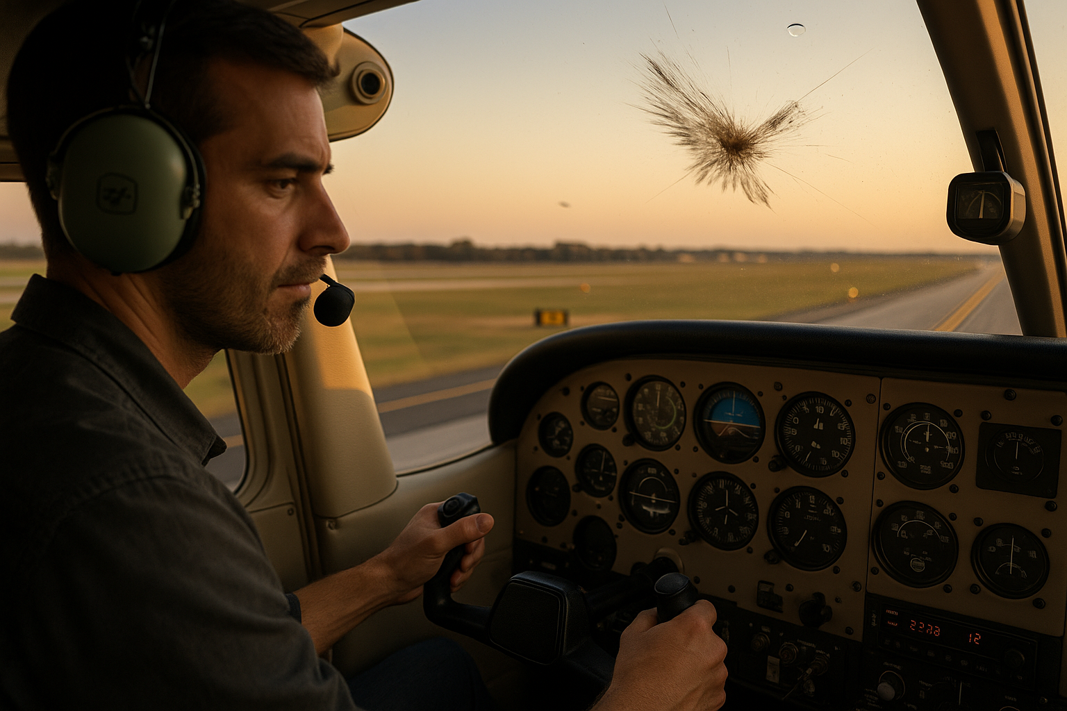 Aircraft on approach with birds nearby, illustrating bird strike risk during takeoff and landing and pilot situational awareness needs.
