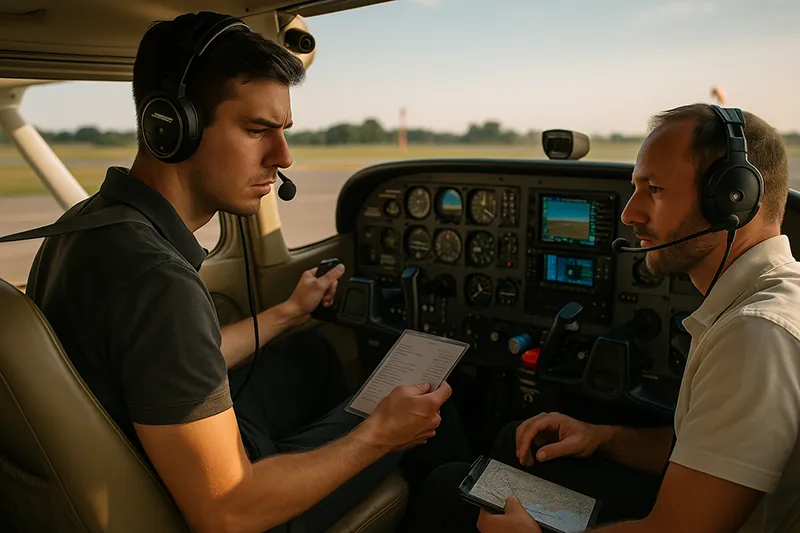 Student pilot in a single-engine training aircraft during preflight briefing with instructor, focusing on confidence-building flight training and cockpit procedures.