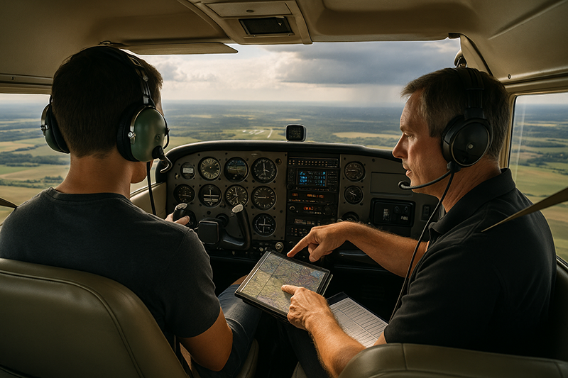 Pilot reviewing diversion airports on a cockpit moving map during cross-country flight planning