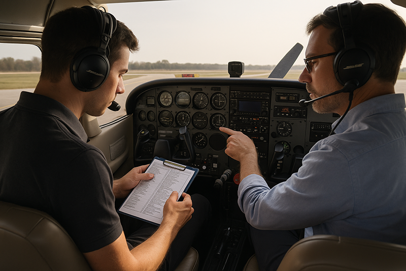 Pilot using checklist and avionics in a training aircraft cockpit before departure