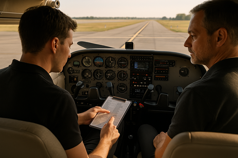 Pilot in a training aircraft cockpit using a checklist and avionics with focused cockpit discipline