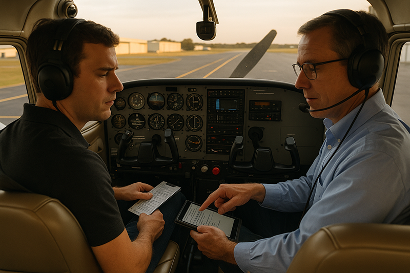 Pilot and instructor reviewing a proficiency plan beside a general aviation aircraft before flight