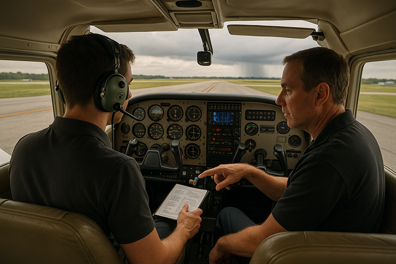 Pilot reviewing a flight plan and cockpit instruments to identify a developing aviation error chain